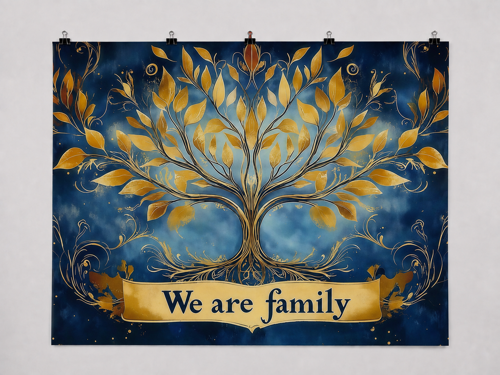 We Are Family Tree printed polyester backdrop, shown at244 x183cm with straight-cut unhemmed edges and wall clips. Flat printed scenery; accessories not included.