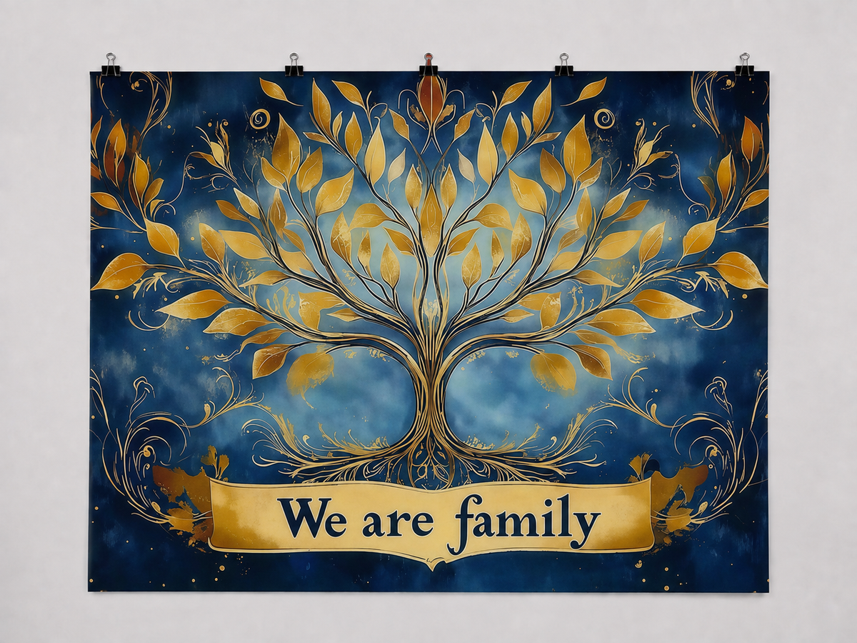 We Are Family Tree printed polyester backdrop, shown at244 x183cm with straight-cut unhemmed edges and wall clips. Flat printed scenery; accessories not included.