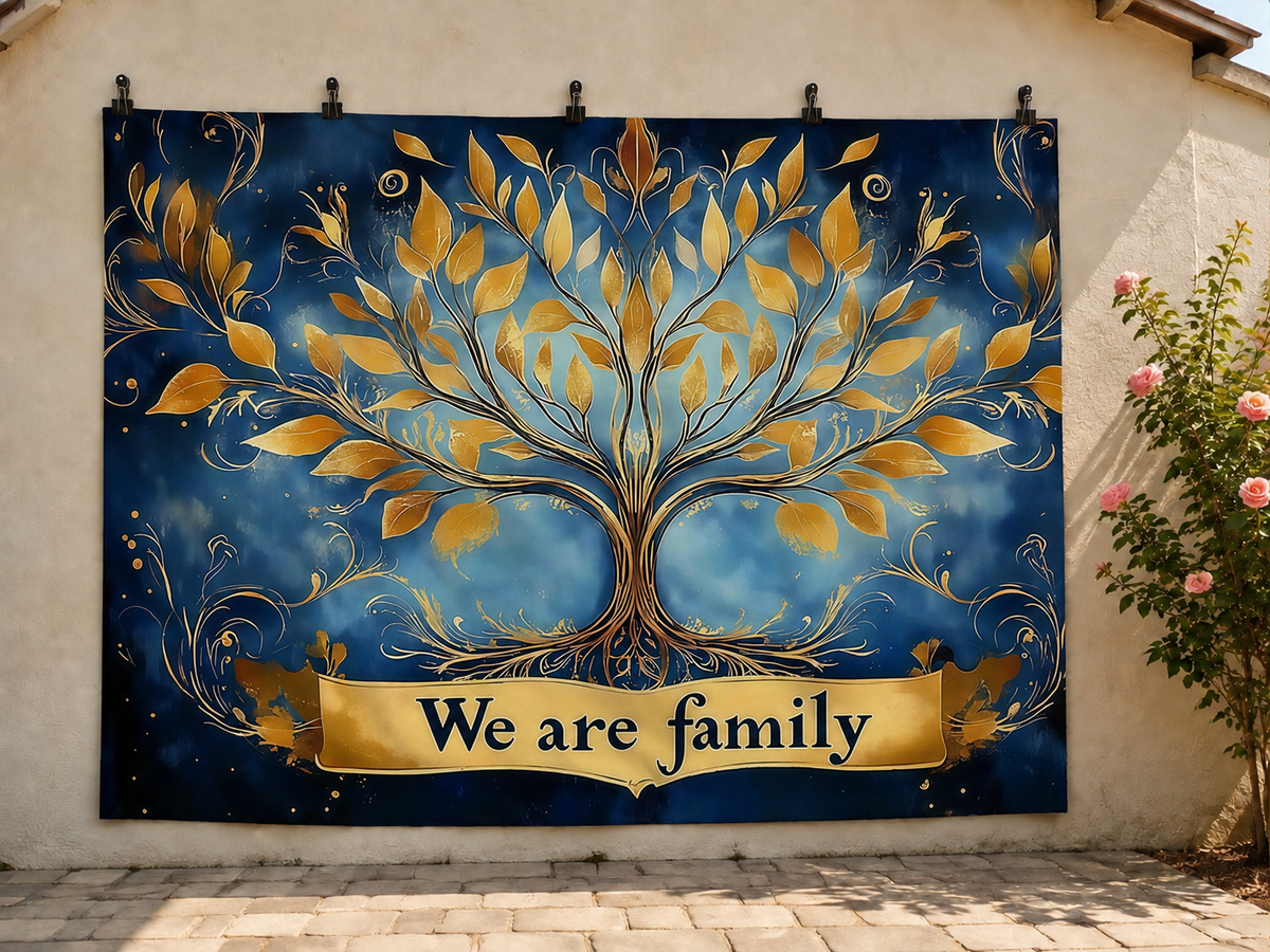 We Are Family Tree printed polyester backdrop, shown at244 x183cm with straight-cut unhemmed edges and wall clips. Flat printed scenery; accessories not included.