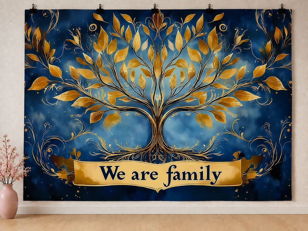 We Are Family Tree printed polyester backdrop, shown at244 x183cm with straight-cut unhemmed edges and wall clips. Flat printed scenery; accessories not included.