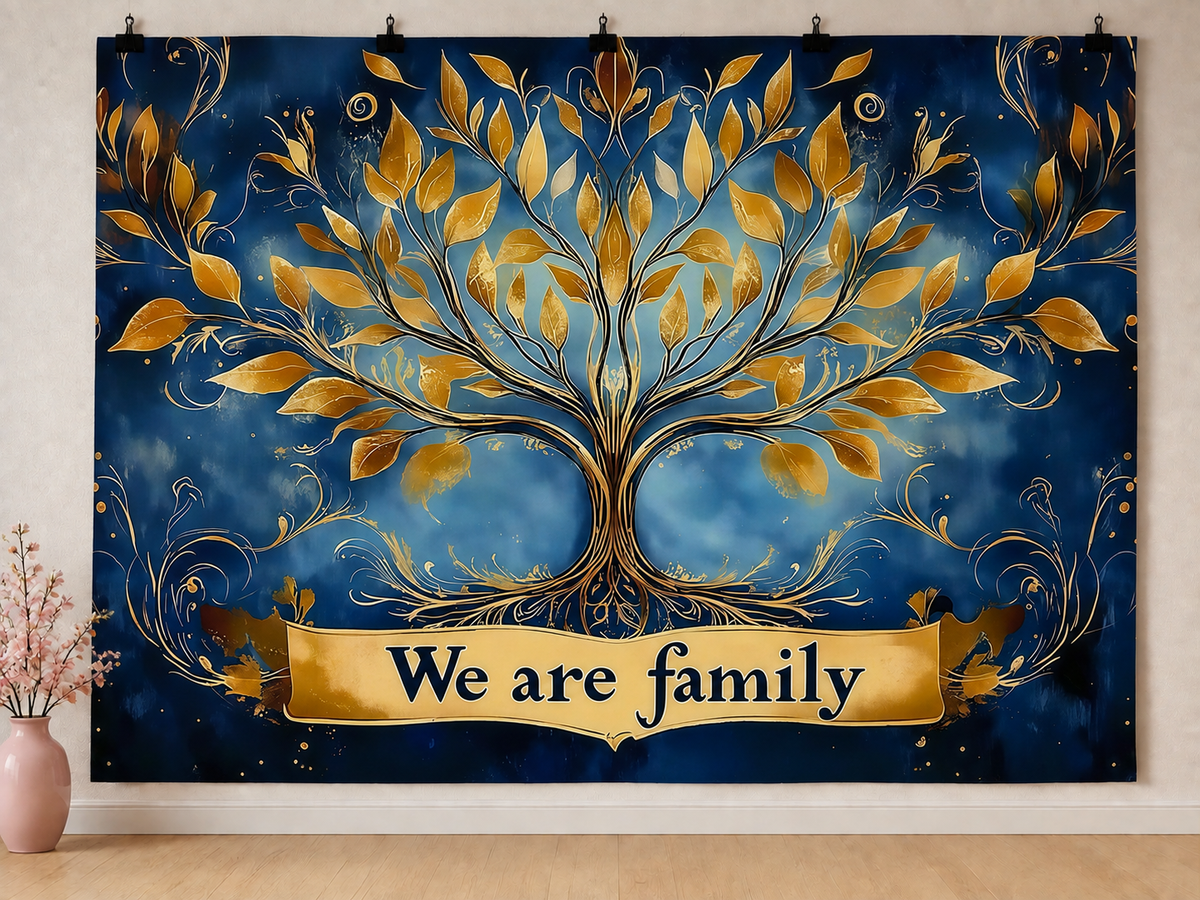 We Are Family Tree printed polyester backdrop, shown at244 x183cm with straight-cut unhemmed edges and wall clips. Flat printed scenery; accessories not included.