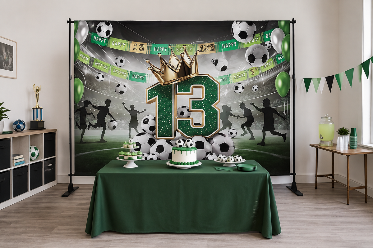 Green Soccer 13th Birthday Backdrop in event studio