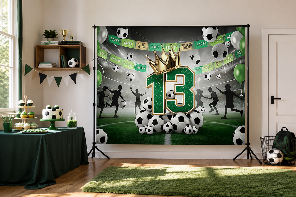 Green Soccer 13th Birthday Backdrop in alternate room setting
