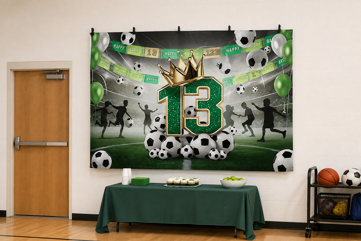 Green Soccer 13th Birthday Backdrop clipped directly to wall