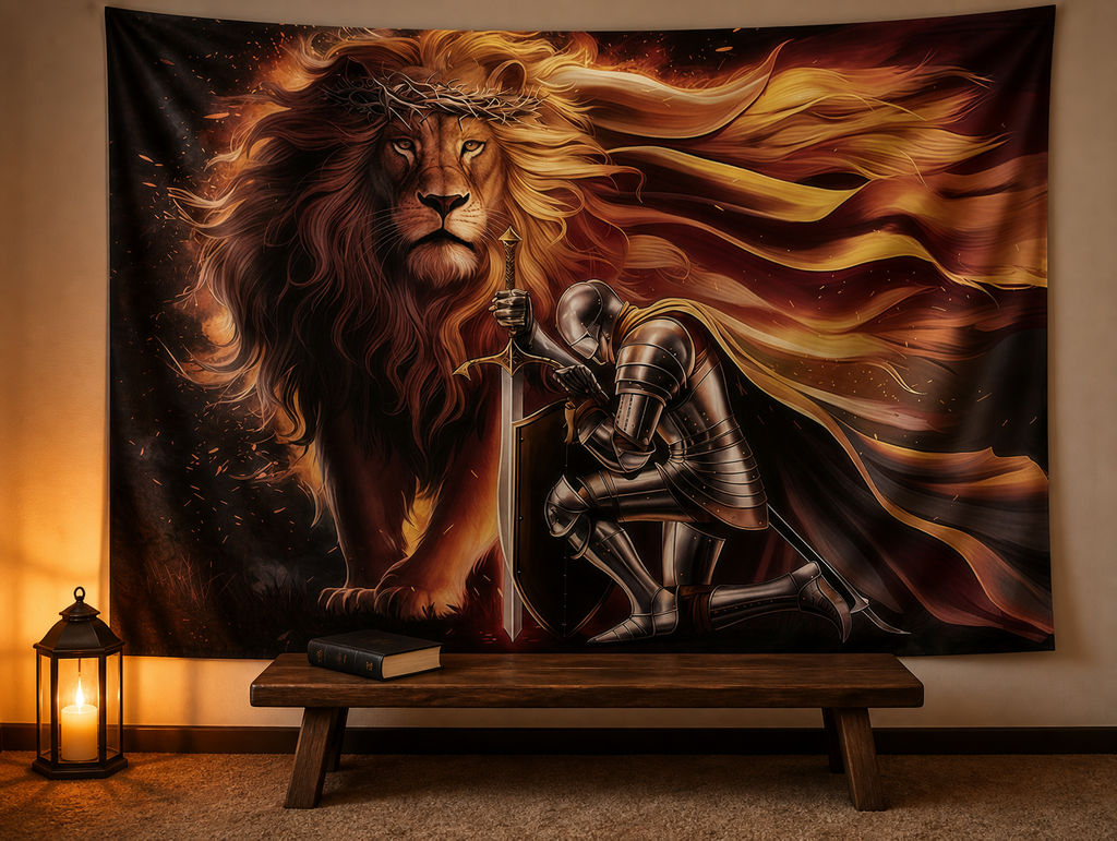 Armor of God lion and knight prayer backdrop reading nook scene