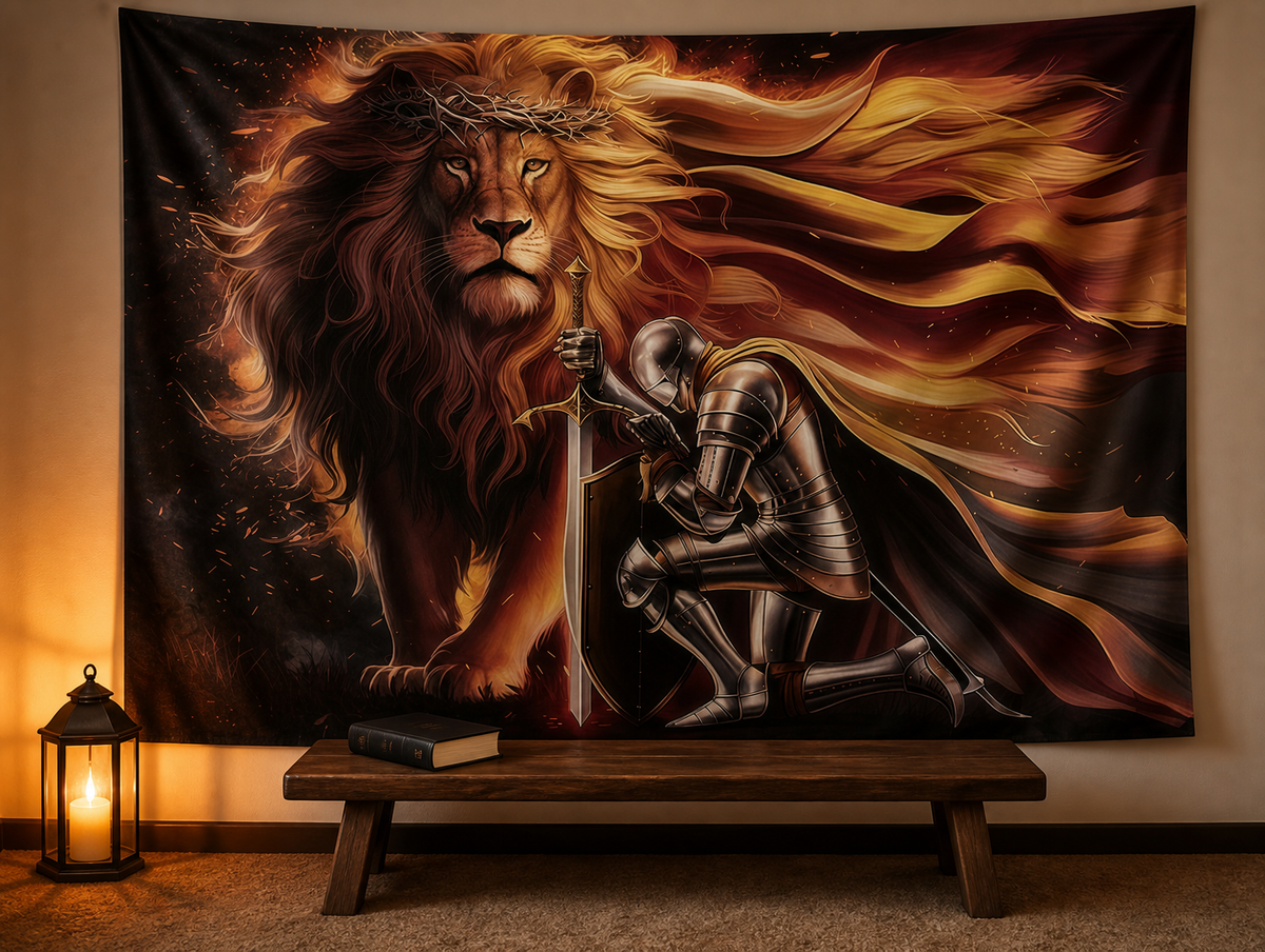 Armor of God lion and knight prayer backdrop reading nook scene