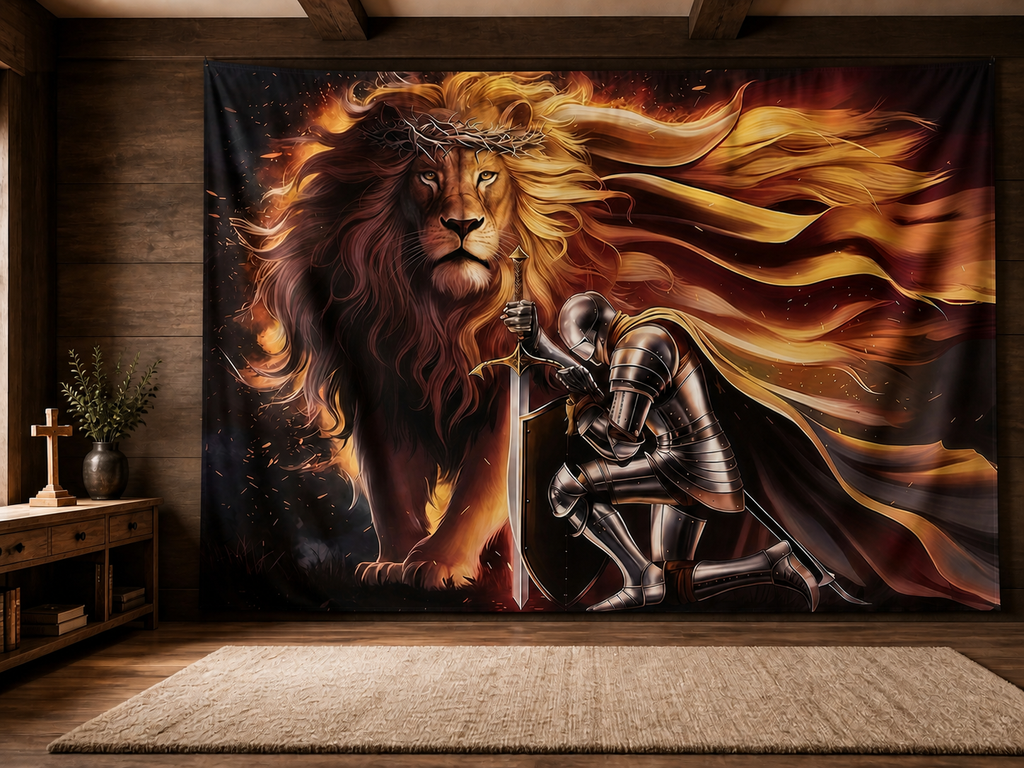Armor of God lion and knight Christian faith backdrop study scene