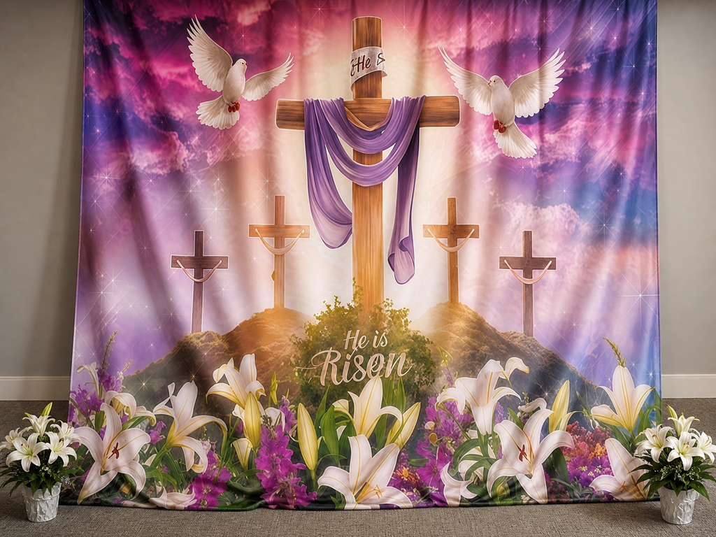 He is Risen Easter Cross fabric photography backdrop scene 1