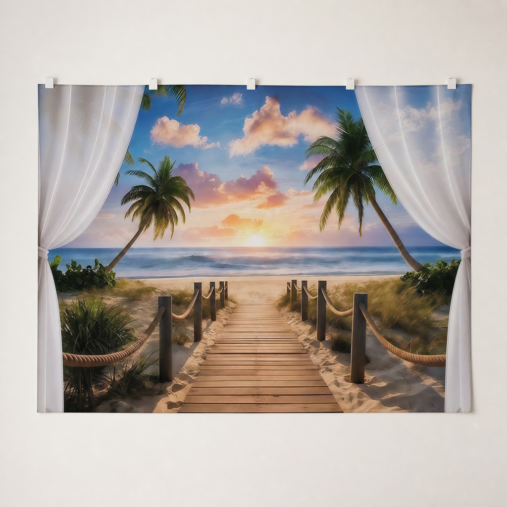 Ocean sunset and boardwalk flat printed polyester backdrop, complete design; accessories not included