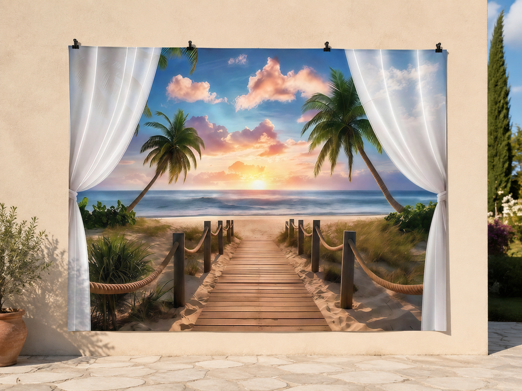 Ocean sunset polyester backdrop, temporary dry outdoor wall-clip display; accessories not included