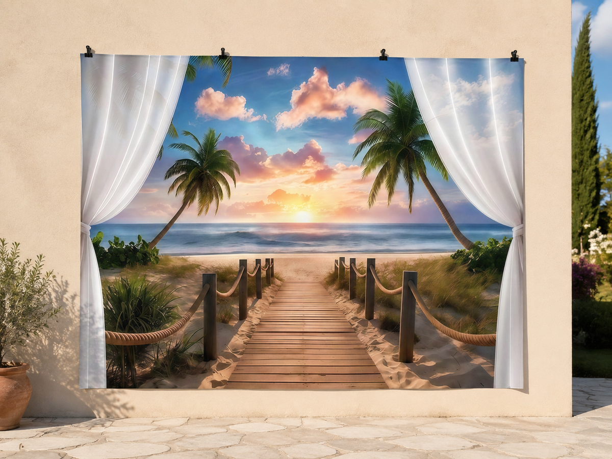 Ocean sunset polyester backdrop, temporary dry outdoor wall-clip display; accessories not included