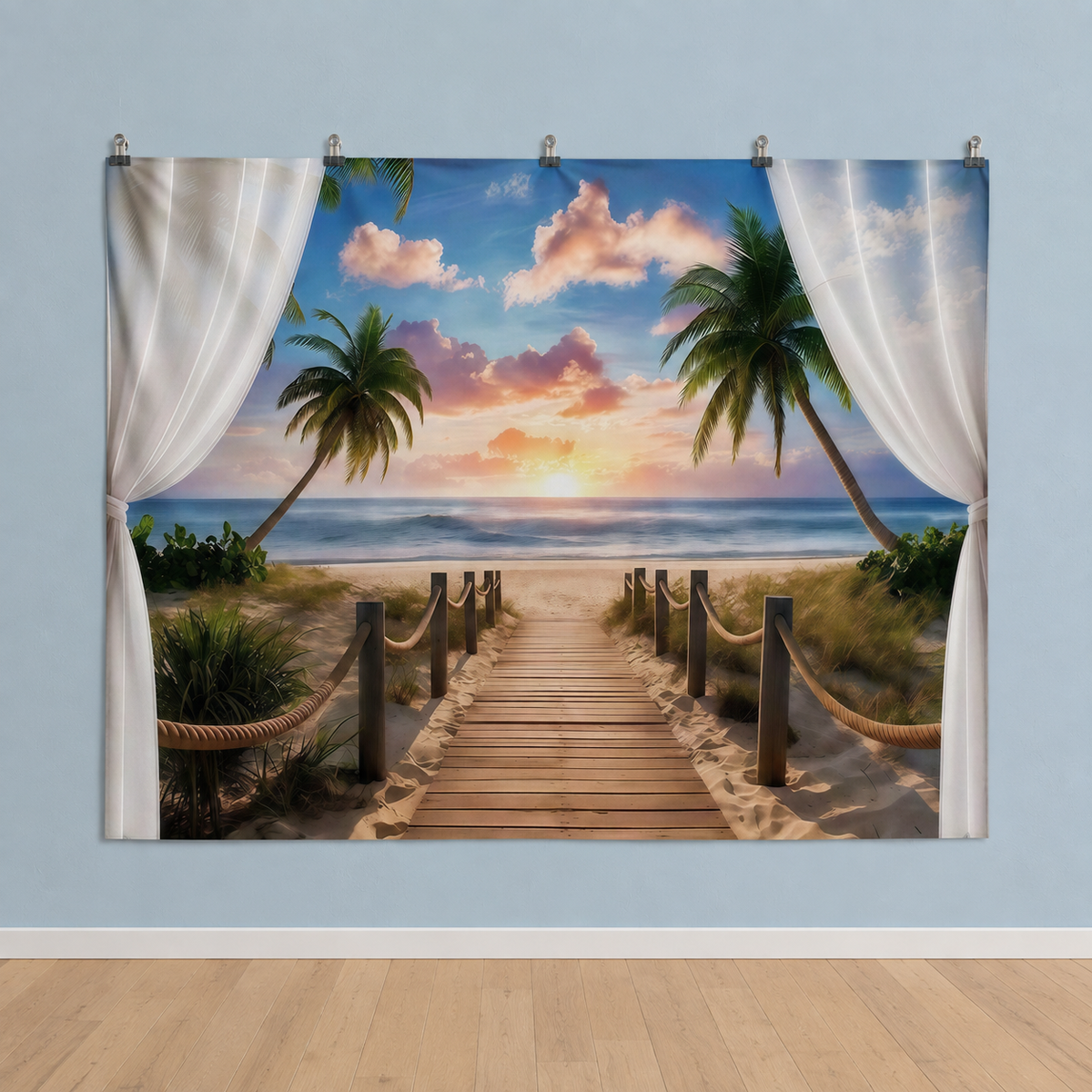 Ocean sunset polyester backdrop, indoor wall-clip display; accessories not included