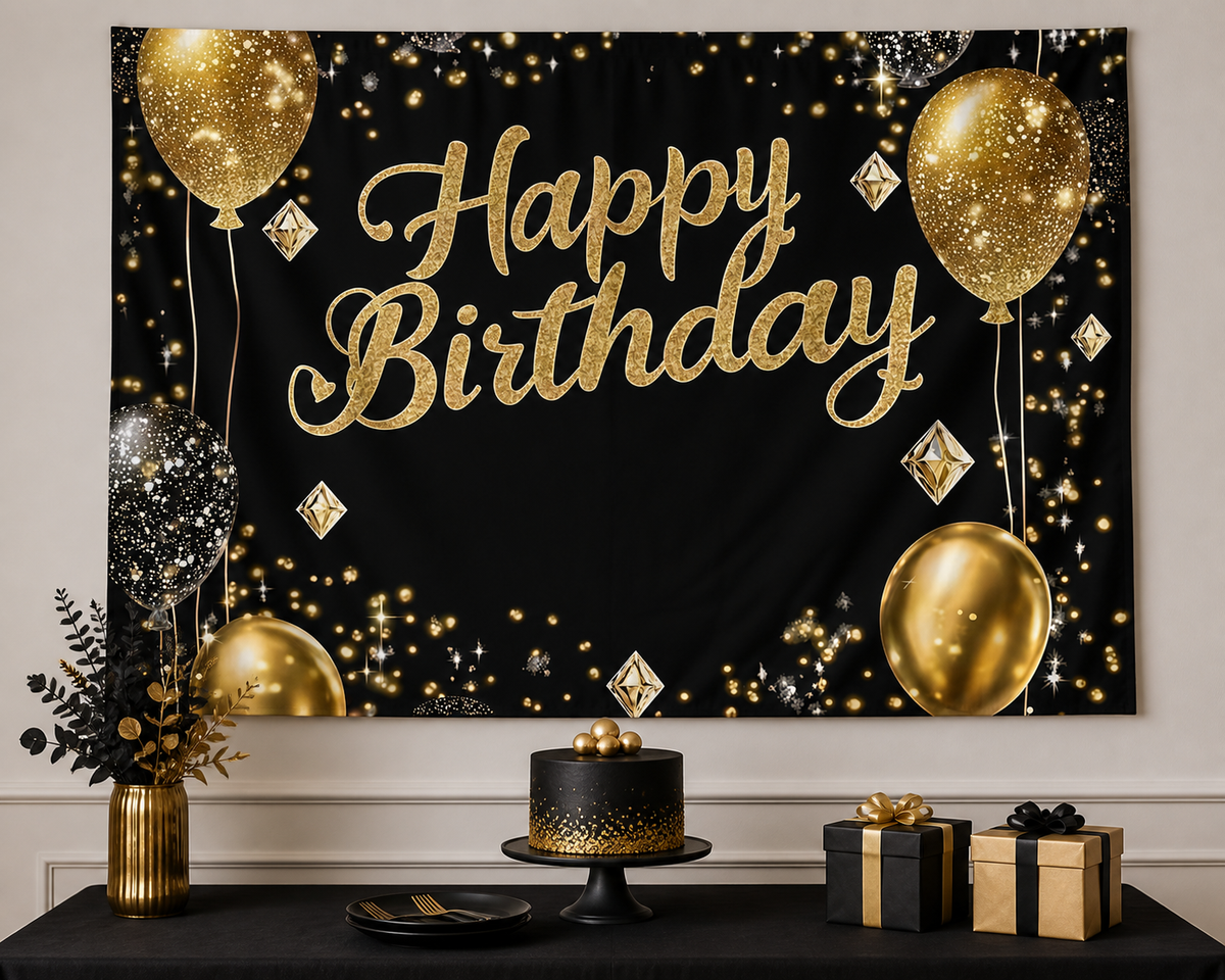 Black Gold Diamond Balloon Birthday Backdrop cake table