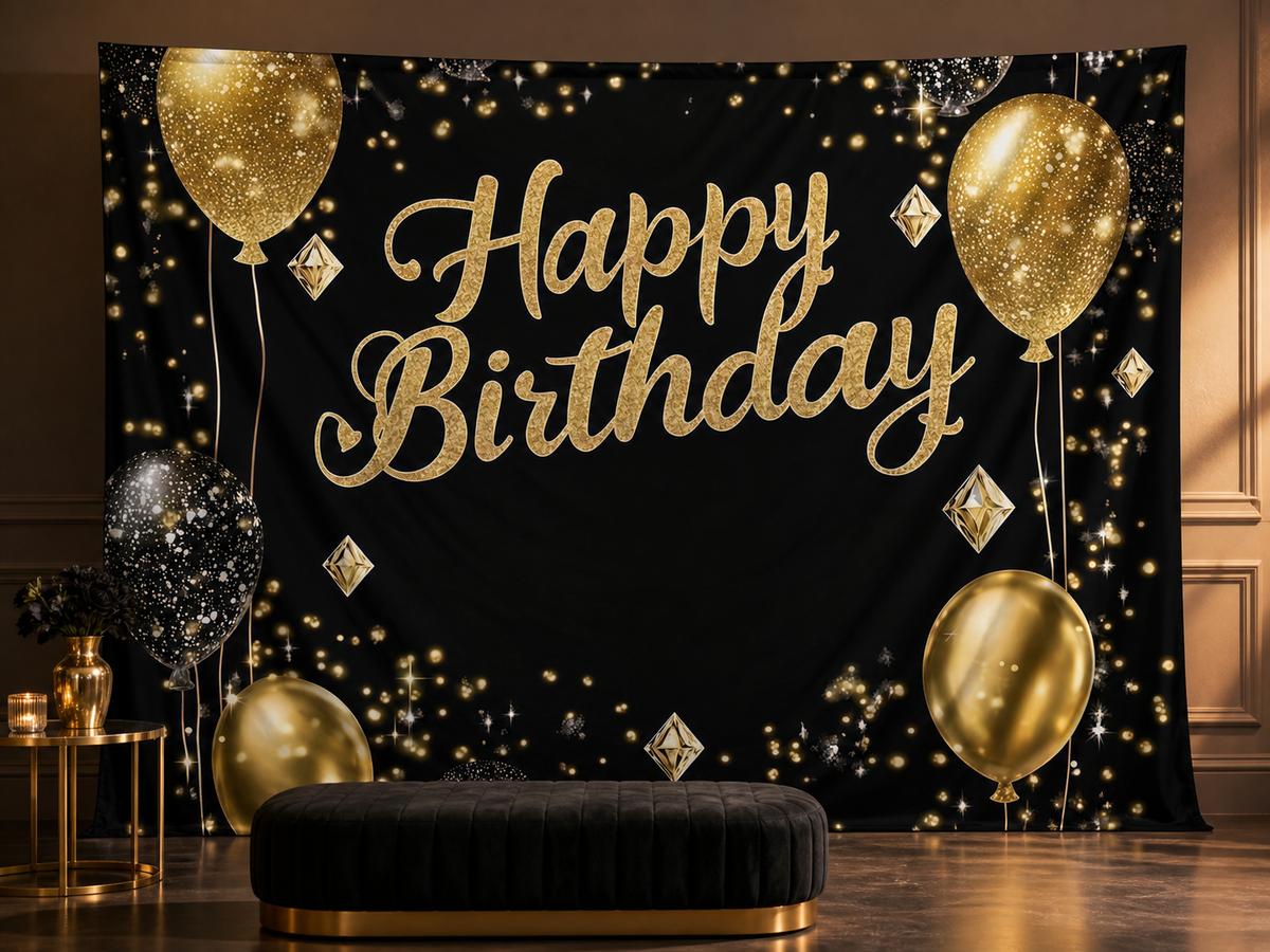 Black Gold Diamond Balloon Birthday Backdrop portrait lounge