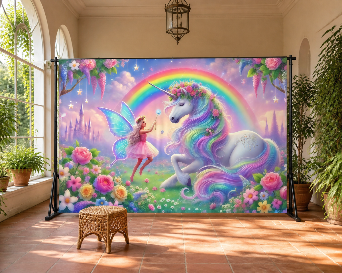 Rainbow Unicorn Fairy Garden Backdrop scene 2