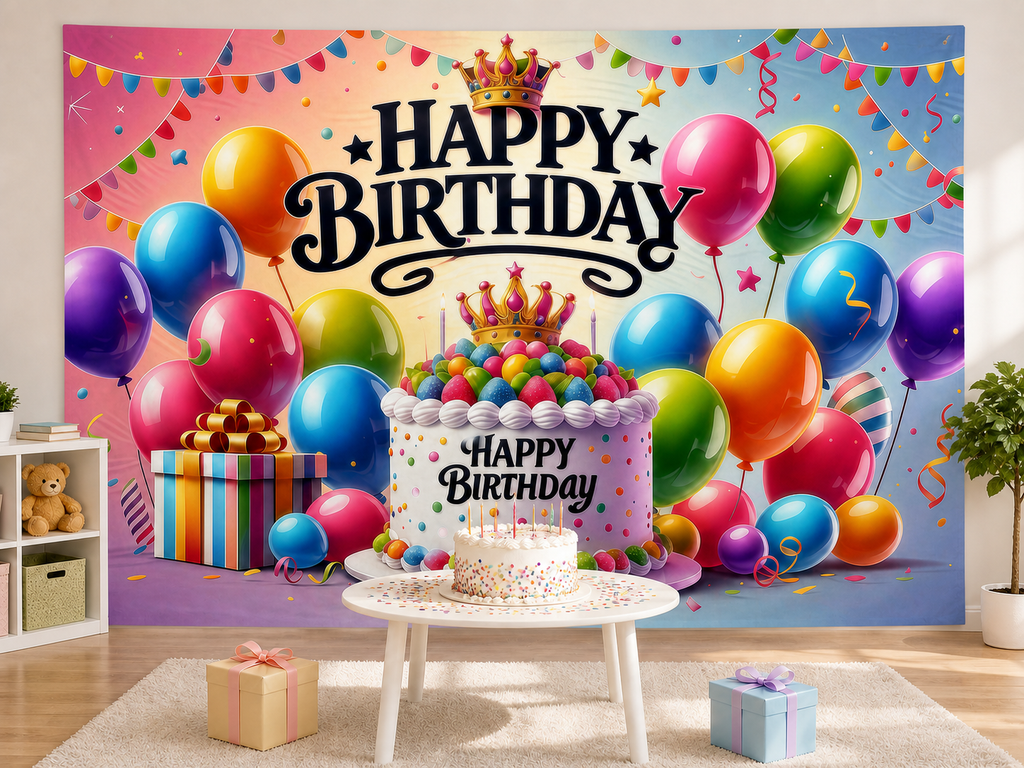 Colorful Happy Birthday backdrop children's cake table scene