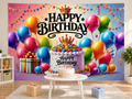 Colorful Happy Birthday backdrop children's cake table scene
