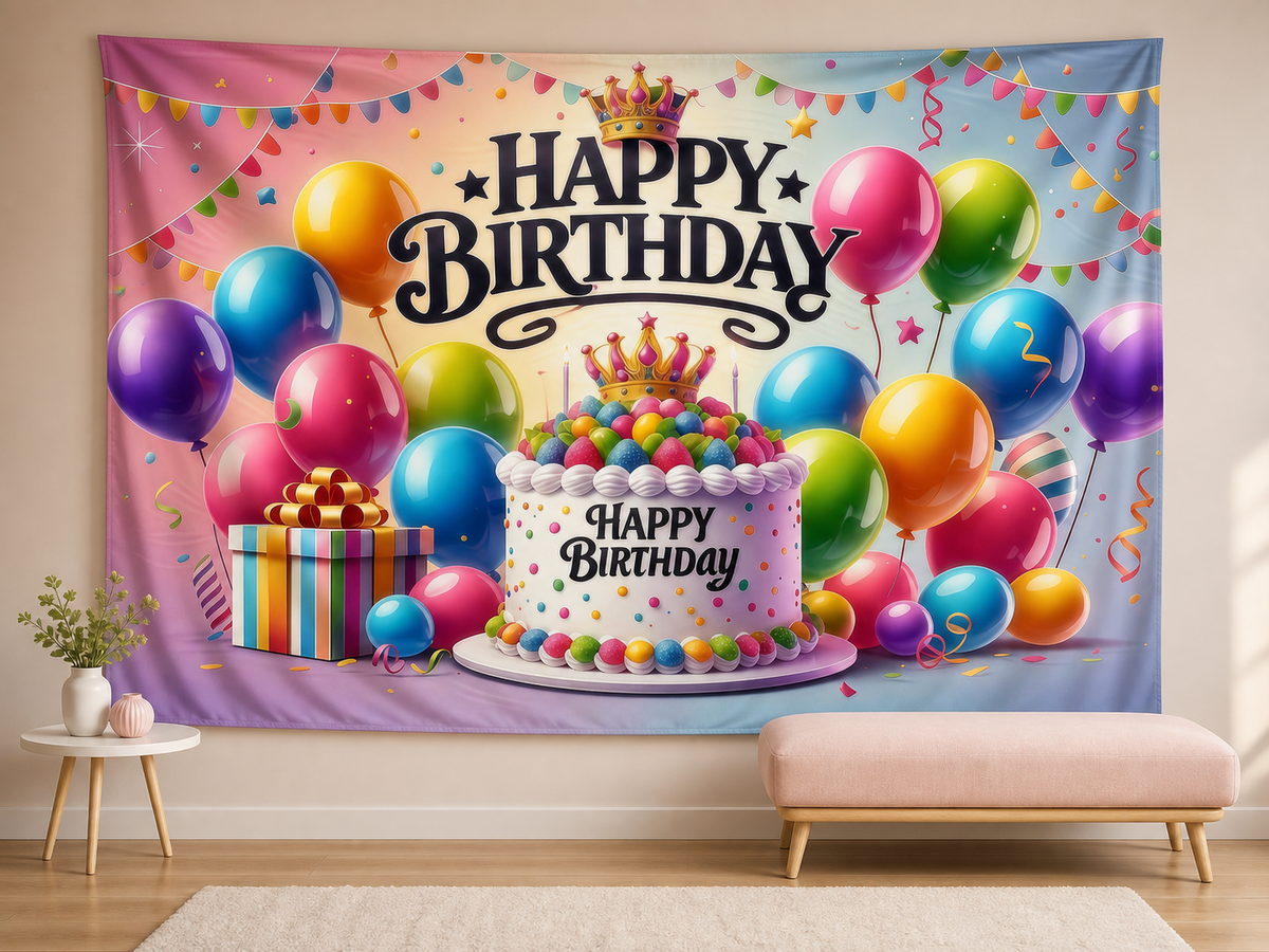 Colorful Happy Birthday backdrop family portrait scene