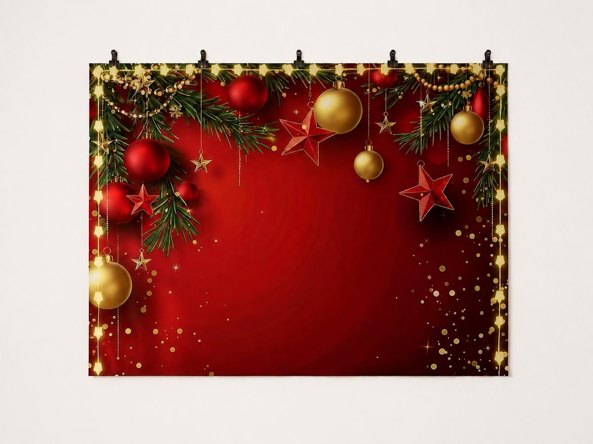 Red Christmas Baubles and Fir Branches Backdrop — complete flat printed design; accessories not included