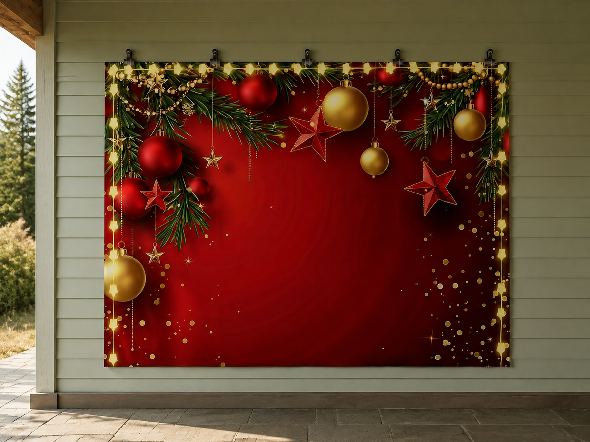 Red Christmas Baubles and Fir Branches Backdrop — temporary dry outdoor wall-clip display; accessories not included