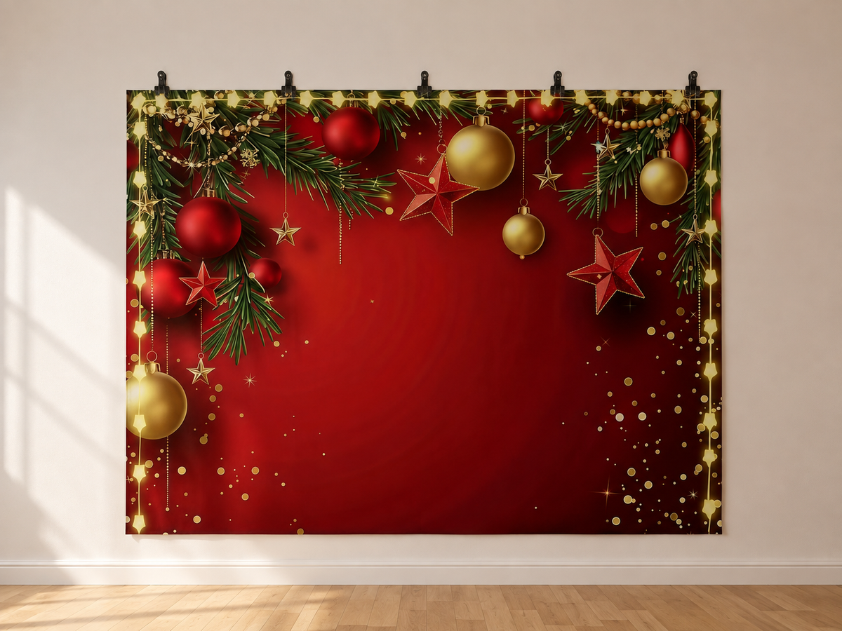 Red Christmas Baubles and Fir Branches Backdrop — indoor wall-clip display; accessories not included