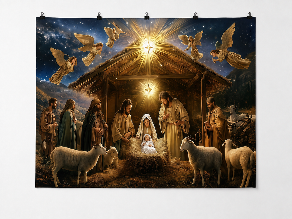Nativity Scene with Five Angels printed polyester backdrop, shown at244 x183cm with straight-cut unhemmed edges and wall clips. Flat printed scenery; accessories not included.