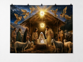 Nativity Scene with Five Angels printed polyester backdrop, shown at244 x183cm with straight-cut unhemmed edges and wall clips. Flat printed scenery; accessories not included.