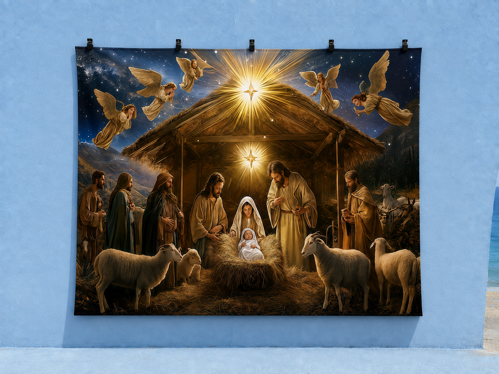 Nativity Scene with Five Angels printed polyester backdrop, shown at244 x183cm with straight-cut unhemmed edges and wall clips. Flat printed scenery; accessories not included.
