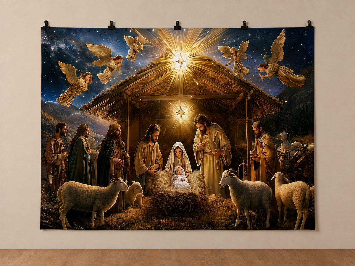 Nativity Scene with Five Angels printed polyester backdrop, shown at244 x183cm with straight-cut unhemmed edges and wall clips. Flat printed scenery; accessories not included.