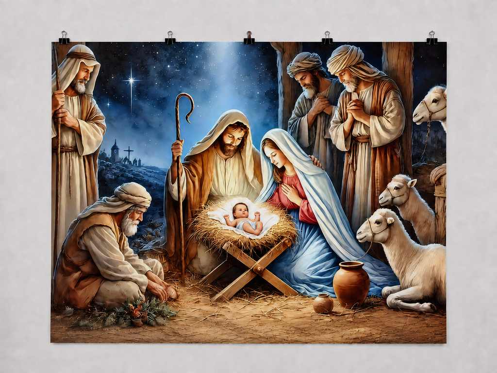 Nativity Scene with Shepherds printed polyester backdrop, shown at244 x183cm with straight-cut unhemmed edges and wall clips. Flat printed scenery; accessories not included.