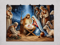 Nativity Scene with Shepherds printed polyester backdrop, shown at244 x183cm with straight-cut unhemmed edges and wall clips. Flat printed scenery; accessories not included.