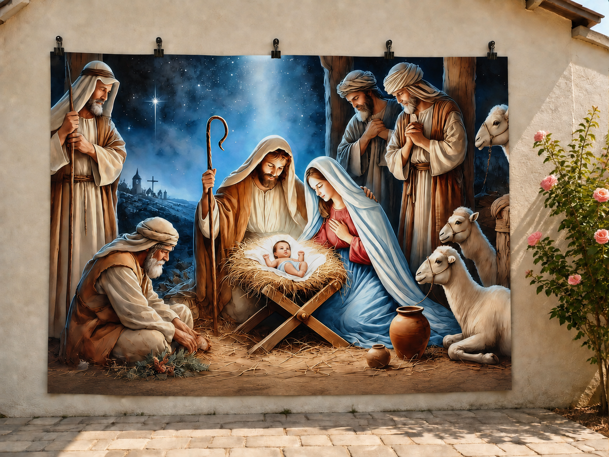 Nativity Scene with Shepherds printed polyester backdrop, shown at244 x183cm with straight-cut unhemmed edges and wall clips. Flat printed scenery; accessories not included.