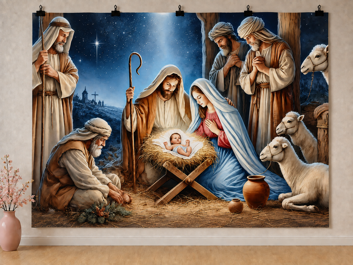 Nativity Scene with Shepherds printed polyester backdrop, shown at244 x183cm with straight-cut unhemmed edges and wall clips. Flat printed scenery; accessories not included.