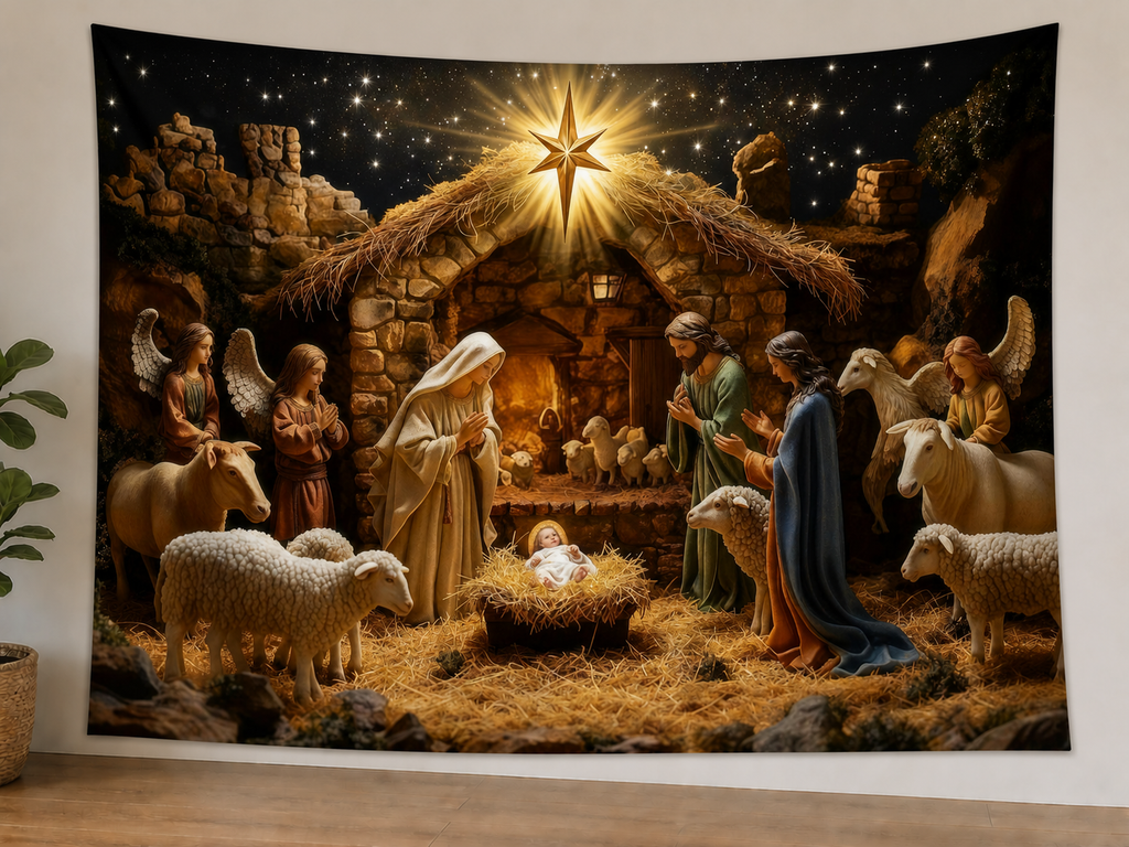 Starry Nativity Angels Christmas Backdrop displayed on a lightweight polyester backdrop