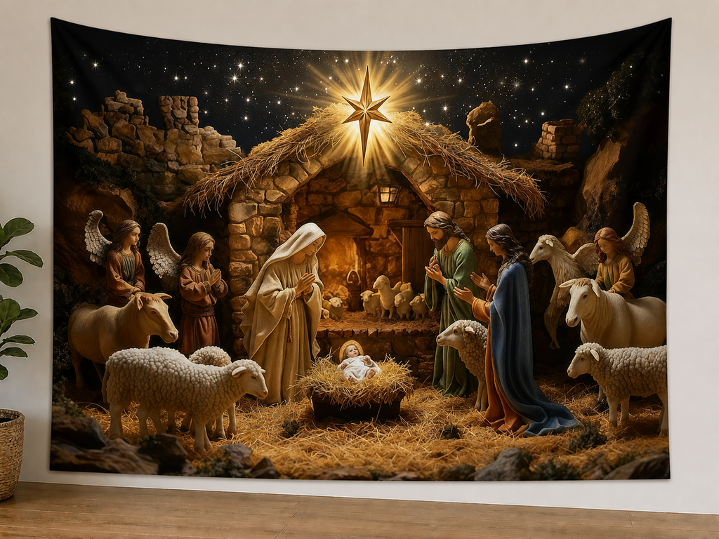 Starry Nativity Angels Christmas Backdrop in a realistic home wall setting