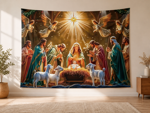 Angels and Shepherds Nativity Backdrop indoor application scene