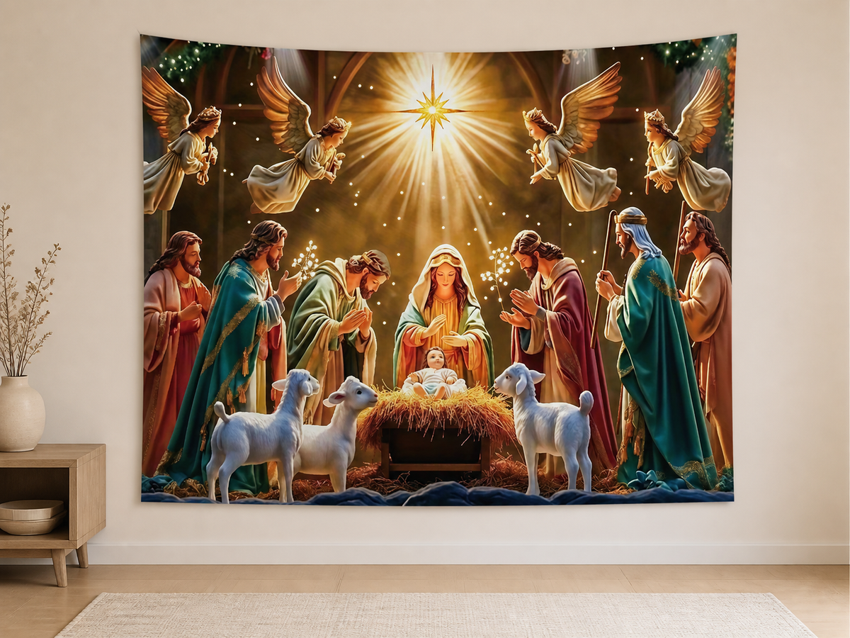 Angels and Shepherds Nativity Backdrop indoor application scene