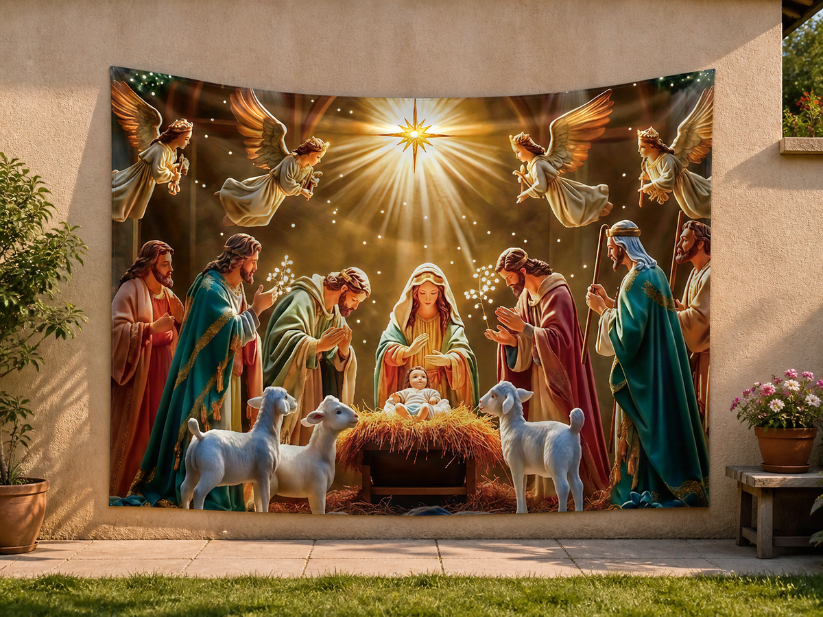 Angels and Shepherds Nativity Backdrop garden application scene