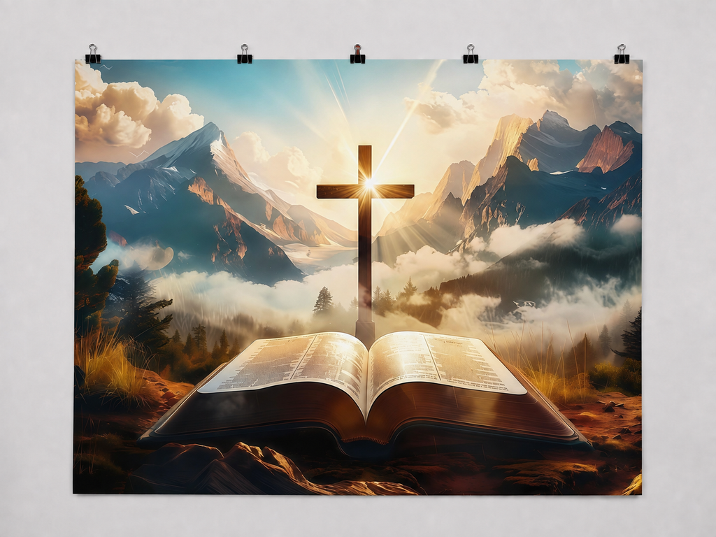 Cross and Mountain Sunset printed polyester backdrop, shown at244 x183cm with straight-cut unhemmed edges and wall clips. Flat printed scenery; accessories not included.