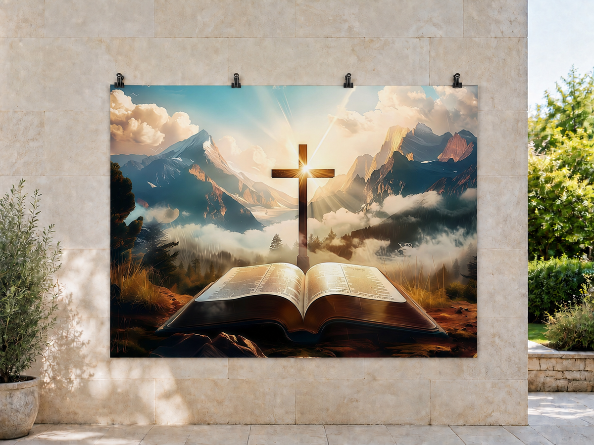 Cross and Mountain Sunset printed polyester backdrop, shown at244 x183cm with straight-cut unhemmed edges and wall clips. Flat printed scenery; accessories not included.