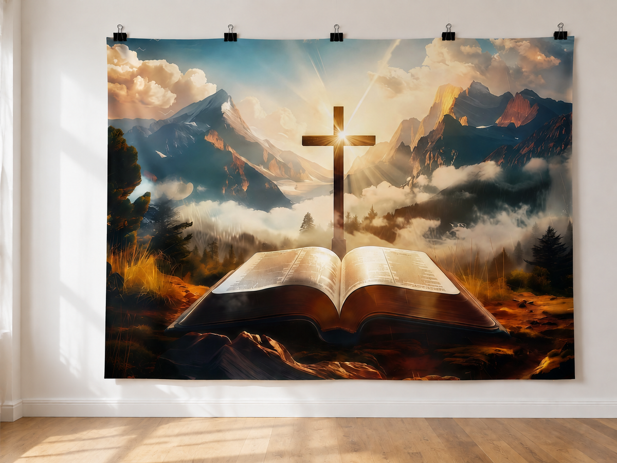 Cross and Mountain Sunset printed polyester backdrop, shown at244 x183cm with straight-cut unhemmed edges and wall clips. Flat printed scenery; accessories not included.