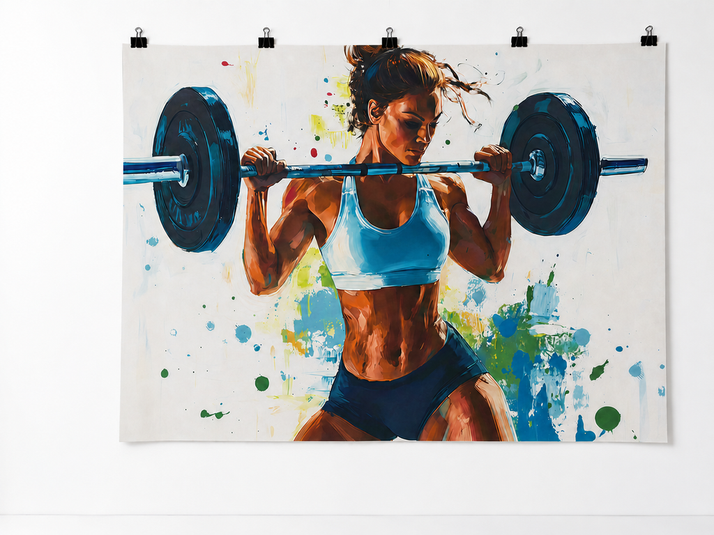 Woman Weightlifting Paint Splash printed polyester backdrop, shown at244 x183cm with straight-cut unhemmed edges and wall clips. Flat printed scenery; accessories not included.