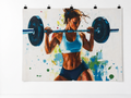 Woman Weightlifting Paint Splash printed polyester backdrop, shown at244 x183cm with straight-cut unhemmed edges and wall clips. Flat printed scenery; accessories not included.