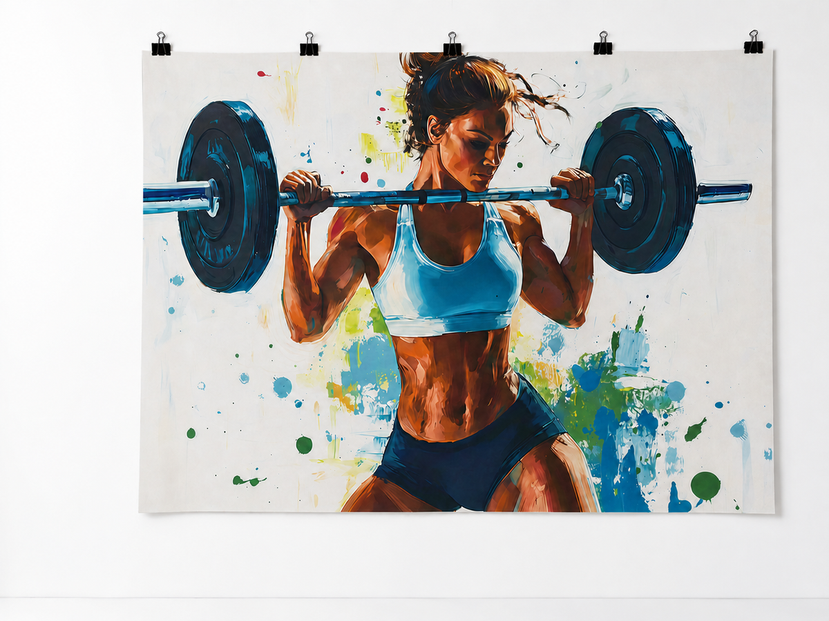 Woman Weightlifting Paint Splash printed polyester backdrop, shown at244 x183cm with straight-cut unhemmed edges and wall clips. Flat printed scenery; accessories not included.