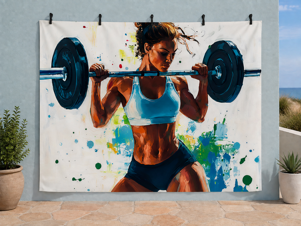 Woman Weightlifting Paint Splash printed polyester backdrop, shown at244 x183cm with straight-cut unhemmed edges and wall clips. Flat printed scenery; accessories not included.