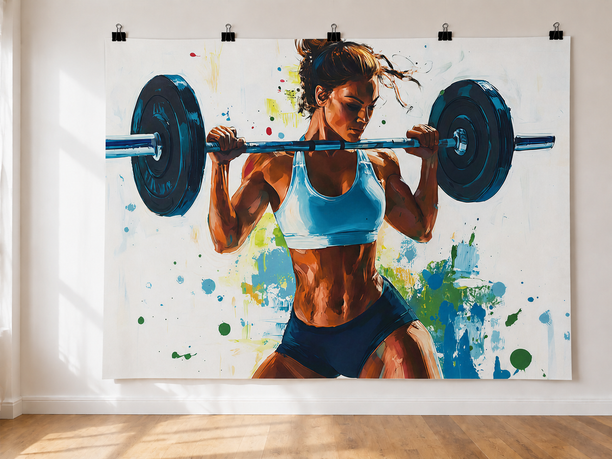 Woman Weightlifting Paint Splash printed polyester backdrop, shown at244 x183cm with straight-cut unhemmed edges and wall clips. Flat printed scenery; accessories not included.