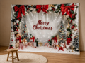 Merry Christmas red bows fabric backdrop in family portrait studio