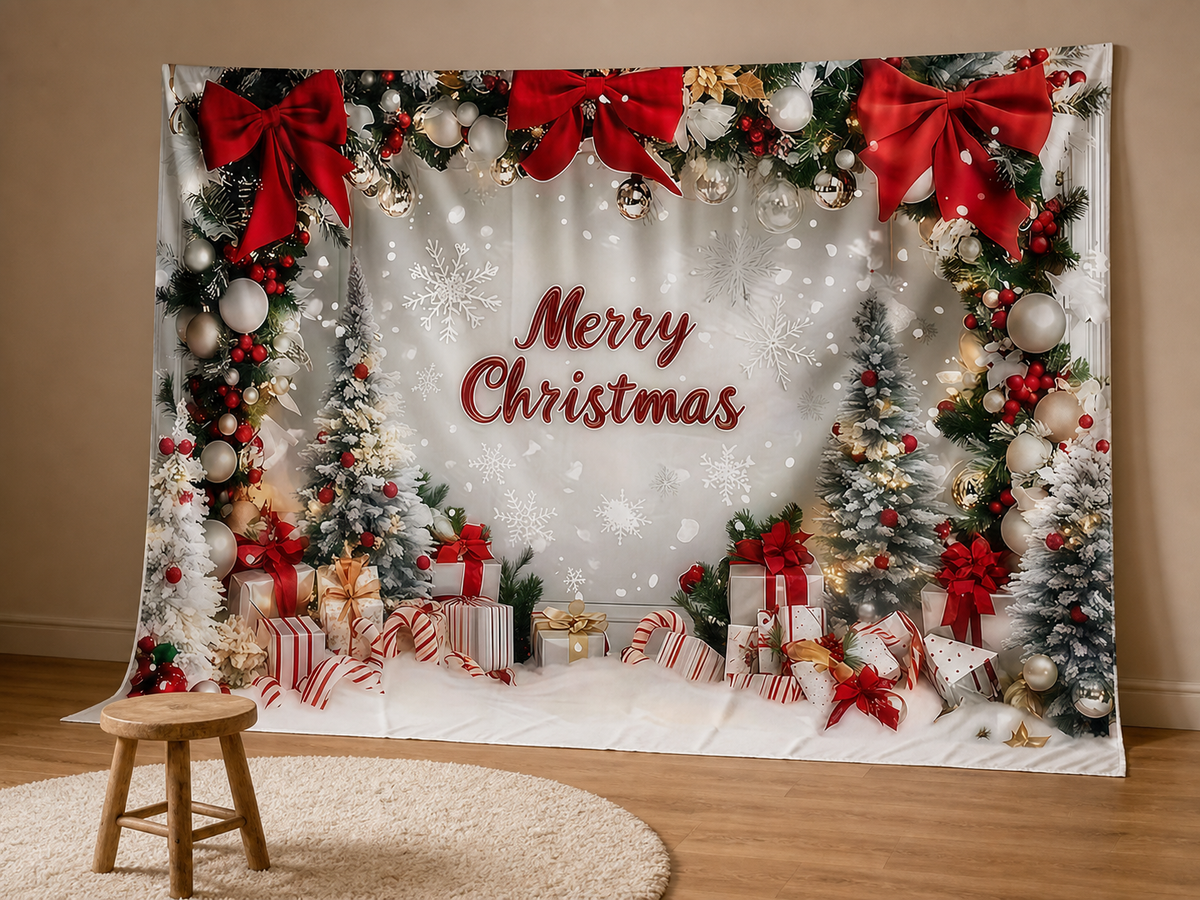Merry Christmas red bows fabric backdrop in family portrait studio