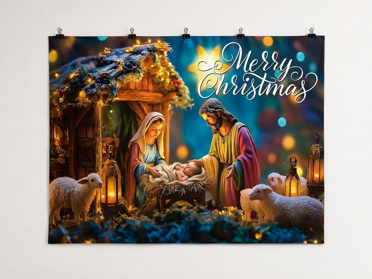 Christmas Nativity Scene Printed Backdrop — complete flat printed design; accessories not included