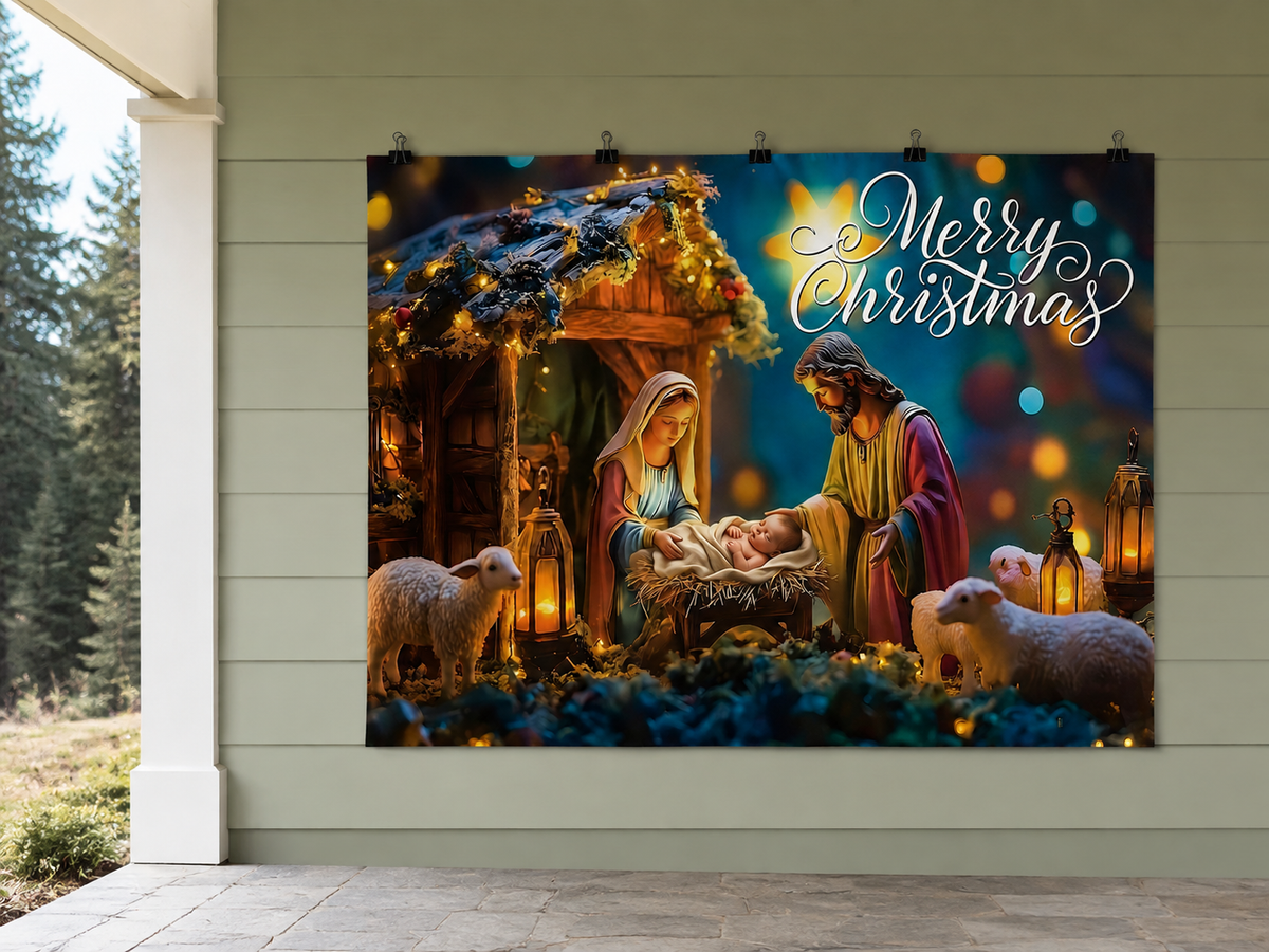 Christmas Nativity Scene Printed Backdrop — temporary dry outdoor wall-clip display; accessories not included